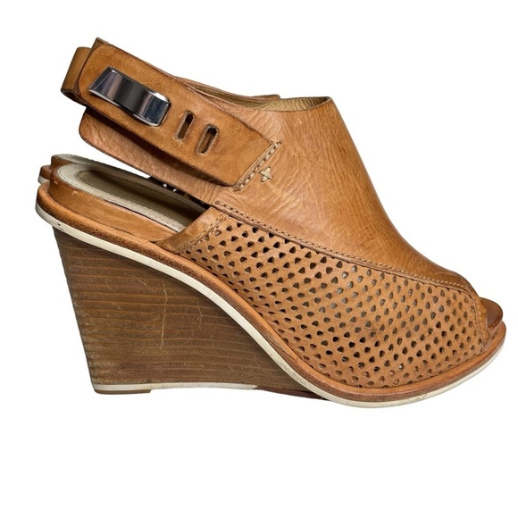 Rag & Bone Pala Wedge Sandals Womens 9 Leather Peep Toe Stacked Wood Heel Brown - Picture 2 of 11